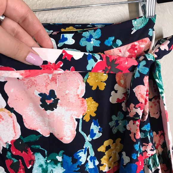 Eliza J Floral Tiered Taffeta Asymmetrical High Low Tie Waist Midi Skirt - Picture 2 of 10